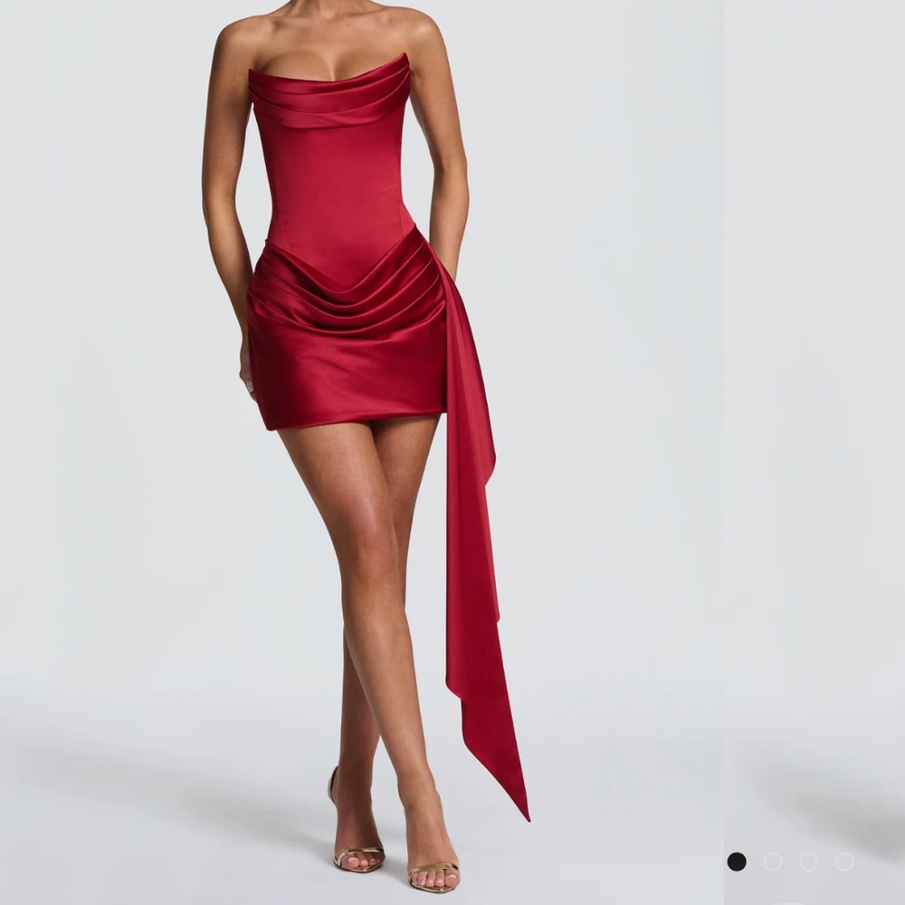Red Strapless Draped Mini Dress with Side Sash & Scarf